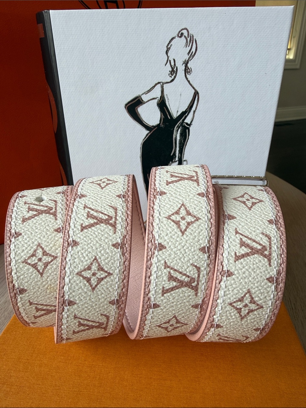 Louis Vuitton LV Initiales Monogram Belt Pink White Leather New Full Set